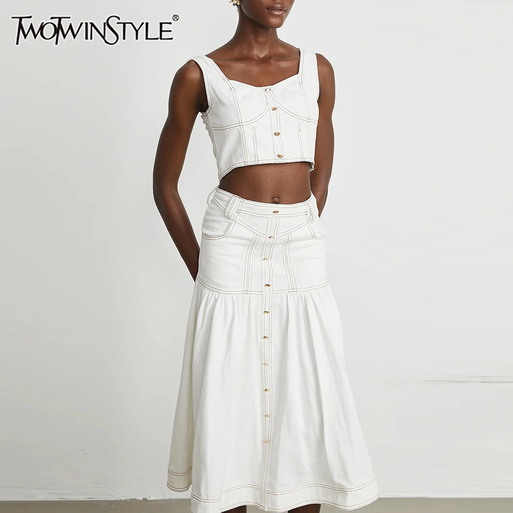 TWOTWINSTYLE Solid Slimming Spliced Single Breasted Two Piece Sets for Women Square Neck Sleeveless Top High Waist Skirt Female
TWOTWINSTYLE Solid Slimming Spliced Single Breasted Two Piece Sets for Women Square Neck Sleeveless Top High Waist Skirt Female