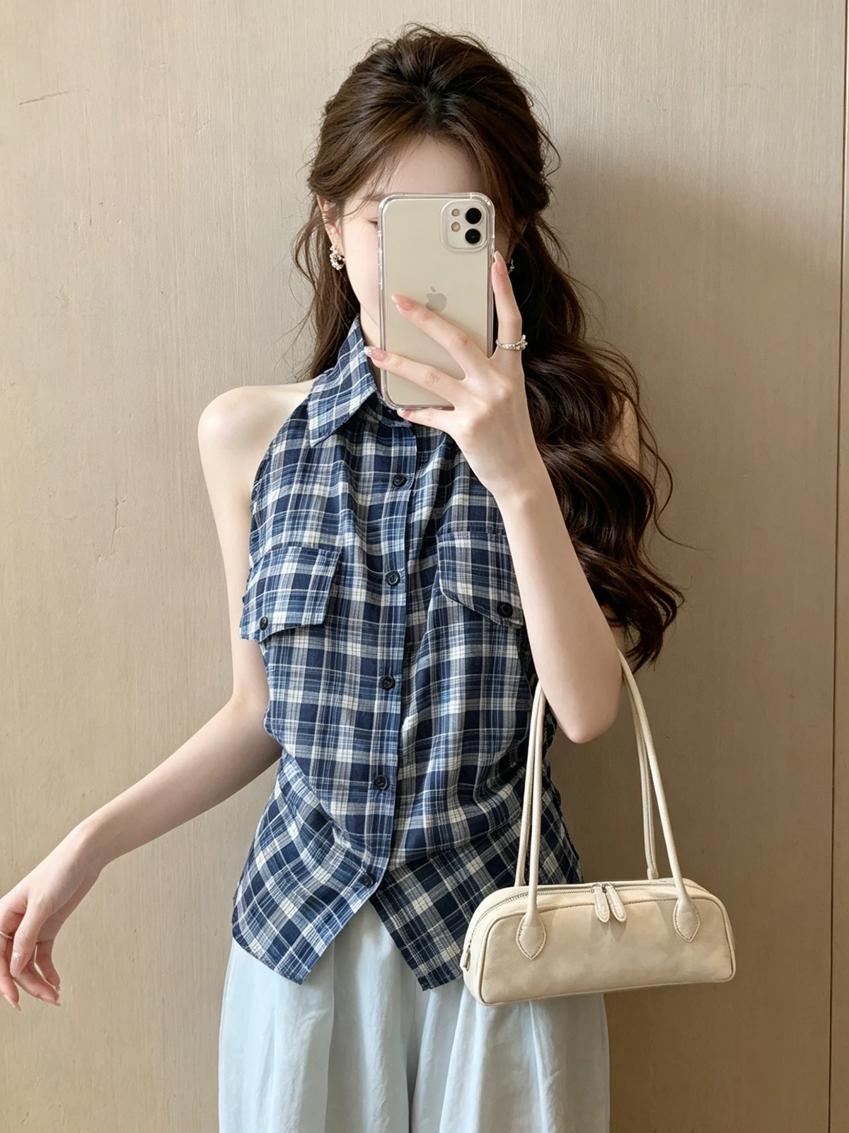 Blue Plaid Waist-Cinching Slim Fit Sleeveless Shirt Collar Design Women's Summer Fashion Korean Style Top with Tie Strap
Blue Plaid Waist-Cinching Slim Fit Sleeveless Shirt Collar Design Women's Summer Fashion Korean Style Top with Tie Strap