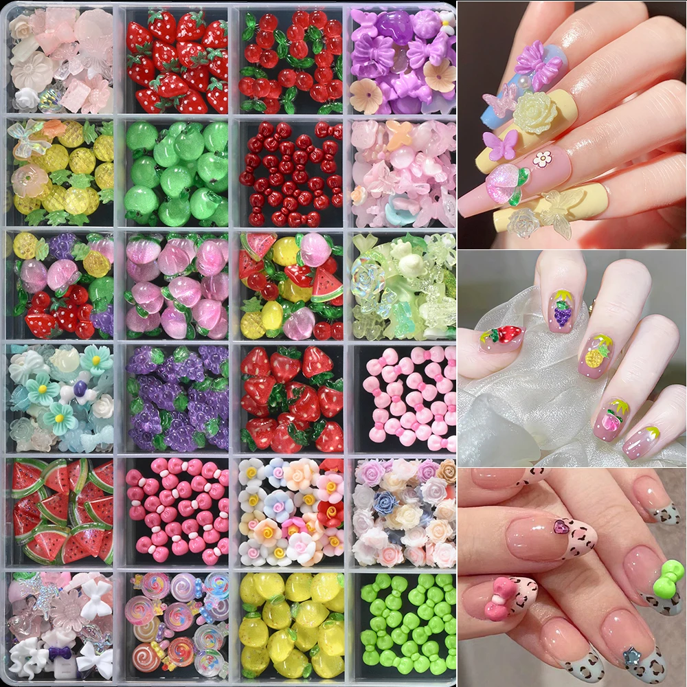 24Girds/Box 3D Resin Candy Bow Fruit Nail Art Decorations Multi-Style Dopamine Mini Manicure Charms DIY Cute Flower Nail Suppies
24Girds/Box 3D Resin Candy Bow Fruit Nail Art Decorations Multi-Style Dopamine Mini Manicure Charms DIY Cute Flower Nail Suppies