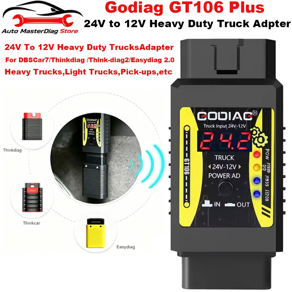 Godiag GT106 Plus 24V to12V Heavy Duty Truck Adapter for X431 for Truck Converter Heavy Duty Vehicles Diagnosis Support ThinkCar
Godiag GT106 Plus 24V to12V Heavy Duty Truck Adapter for X431 for Truck Converter Heavy Duty Vehicles Diagnosis Support ThinkCar