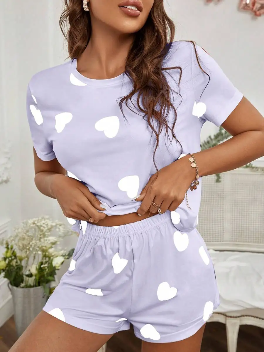 Heart Print Short Sleeve Pajama Set For Women
Heart Print Short Sleeve Pajama Set For Women