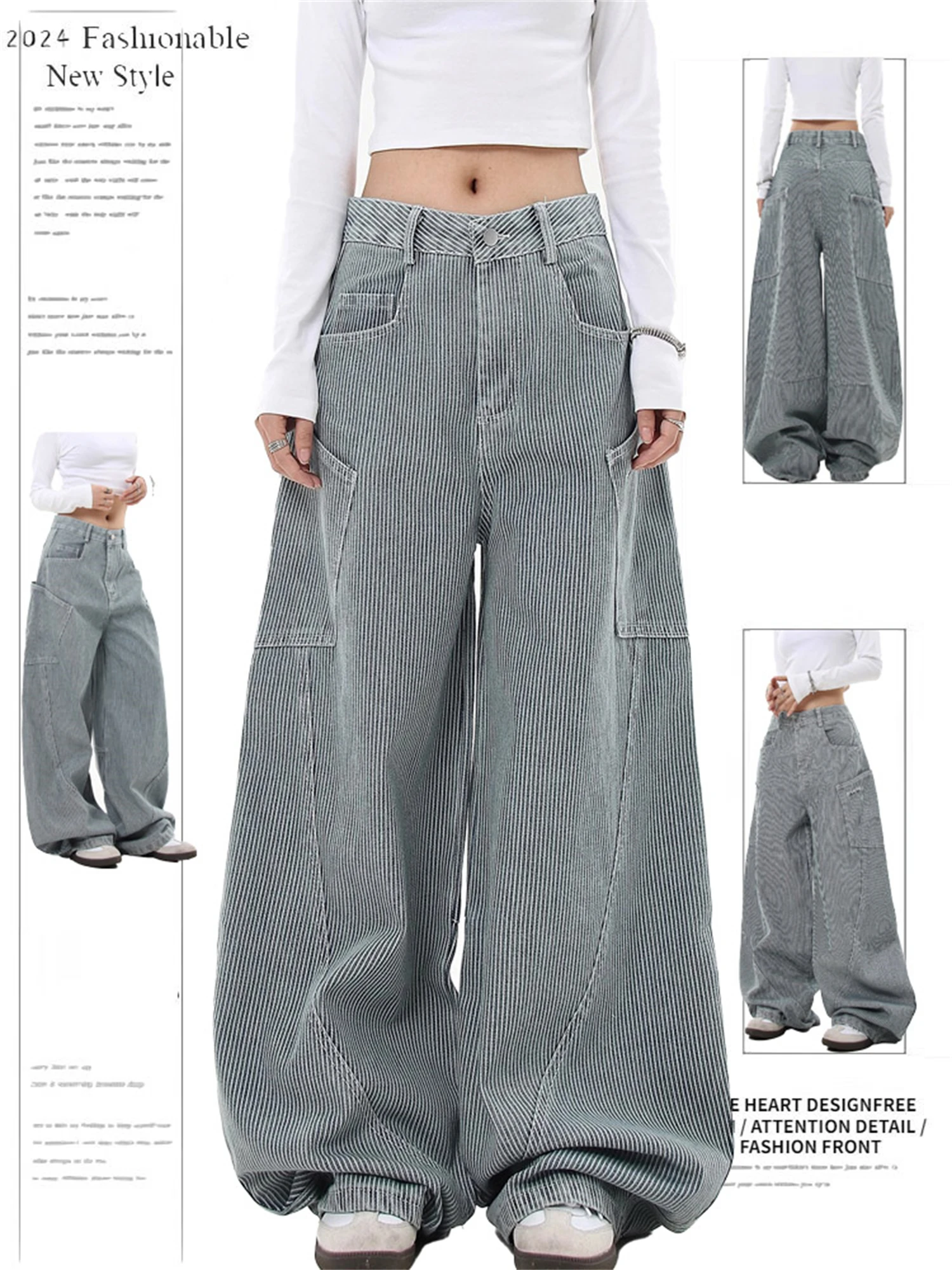 Y2K Women's Vintage High Waist Baggy Wide Leg Jeans Striped Denim Pants with Cargo Pockets Streetwear Trousers
Y2K Women's Vintage High Waist Baggy Wide Leg Jeans Striped Denim Pants with Cargo Pockets Streetwear Trousers