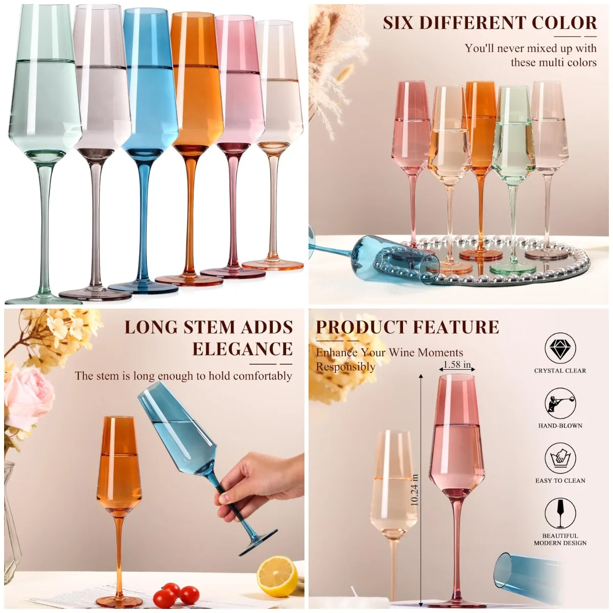 Colored Champagne Flutes Set of 6, 8 Oz Hand-Blown Crystal Wine Glasses, Lead-Free, Great for Gifts
Colored Champagne Flutes Set of 6, 8 Oz Hand-Blown Crystal Wine Glasses, Lead-Free, Great for Gifts