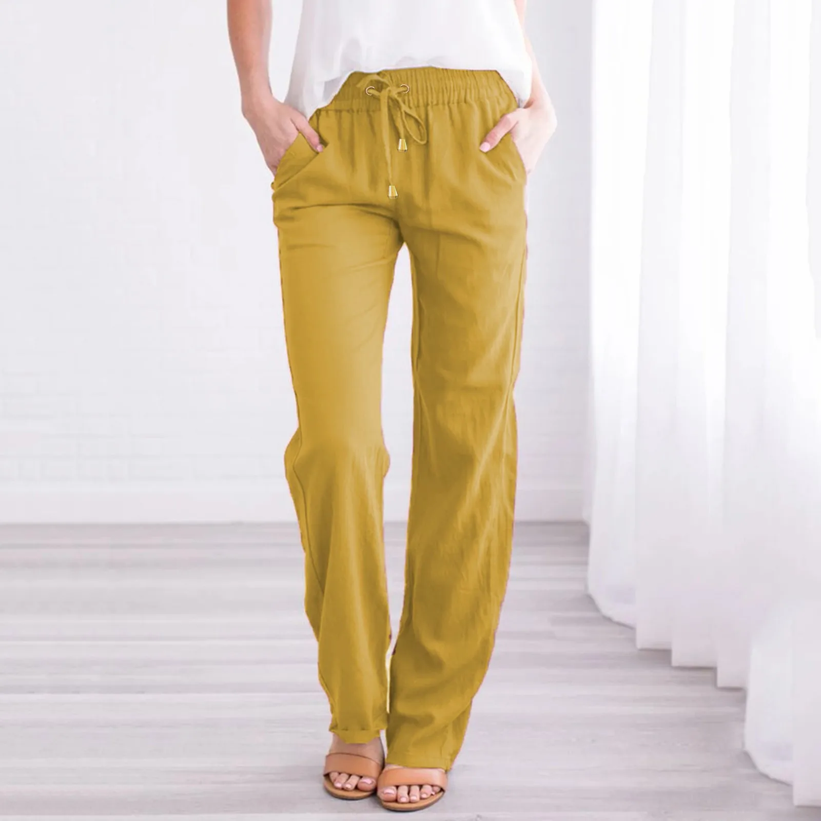Solid Color Mid Waist Straight Lady Pants Drawstring Ankle-Length Female Pants Slight Strech Loose Fit Lady Trousers
Solid Color Mid Waist Straight Lady Pants Drawstring Ankle-Length Female Pants Slight Strech Loose Fit Lady Trousers