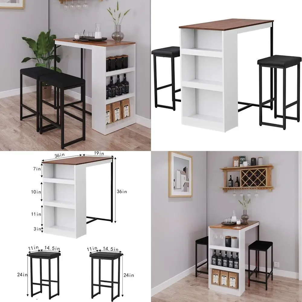 3-Piece Dining Set with Storage Shelves, Bar Height Table, and Compact Kitchen Table for Two 
3-Piece Dining Set with Storage Shelves, Bar Height Table, and Compact Kitchen Table for Two