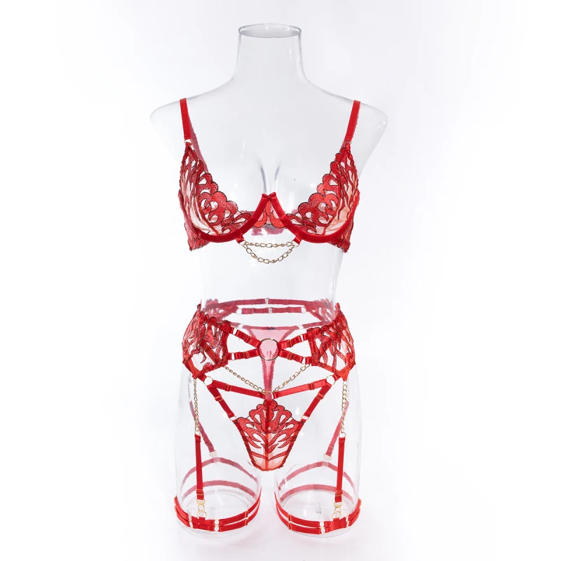 Bikini with flame embroidery, metal chain accessories, underwire, and waist cincher one-piece outfit
Bikini with flame embroidery, metal chain accessories, underwire, and waist cincher one-piece outfit