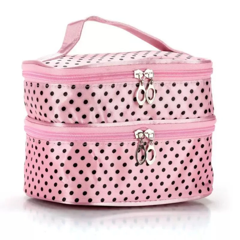 Double Layer Travel Makeup Bag with Handle & Brush Holder, Women's Polka Dot Toiletry Pouch for Cosmetics & Accessories, Compact
Double Layer Travel Makeup Bag with Handle & Brush Holder, Women's Polka Dot Toiletry Pouch for Cosmetics & Accessories, Compact