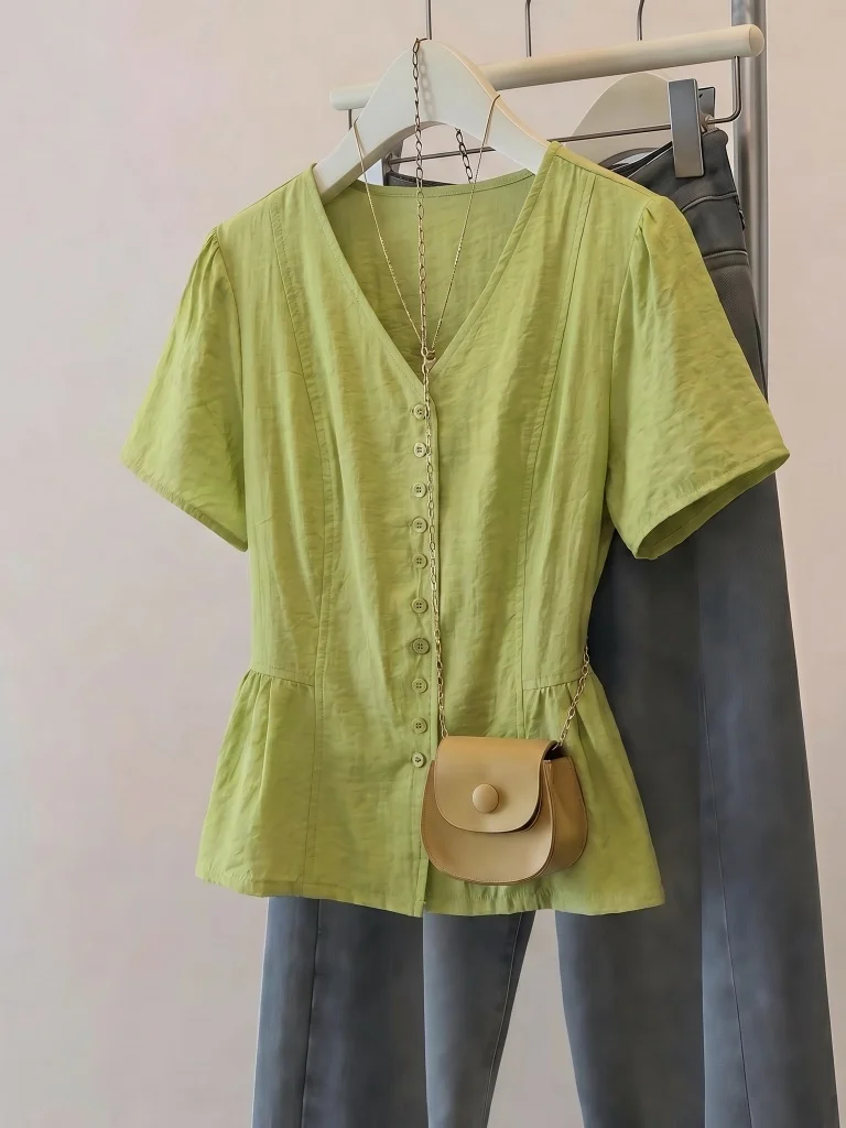 Green V-Neck Short Sleeve Shirt Women's Loose Fit Korean Style Commute Fashion plus Size Slimming Top Waist-Cinching Shirt
Green V-Neck Short Sleeve Shirt Women's Loose Fit Korean Style Commute Fashion plus Size Slimming Top Waist-Cinching Shirt