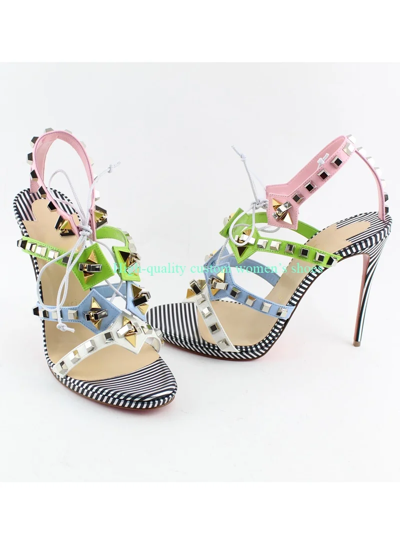 Rainbow Color-Blocked Style Pointed Toes Sandals Rivet Decoration Summer Luxurious Women's Stiletto Heels Manual Luxurious
Rainbow Color-Blocked Style Pointed Toes Sandals Rivet Decoration Summer Luxurious Women's Stiletto Heels Manual Luxurious