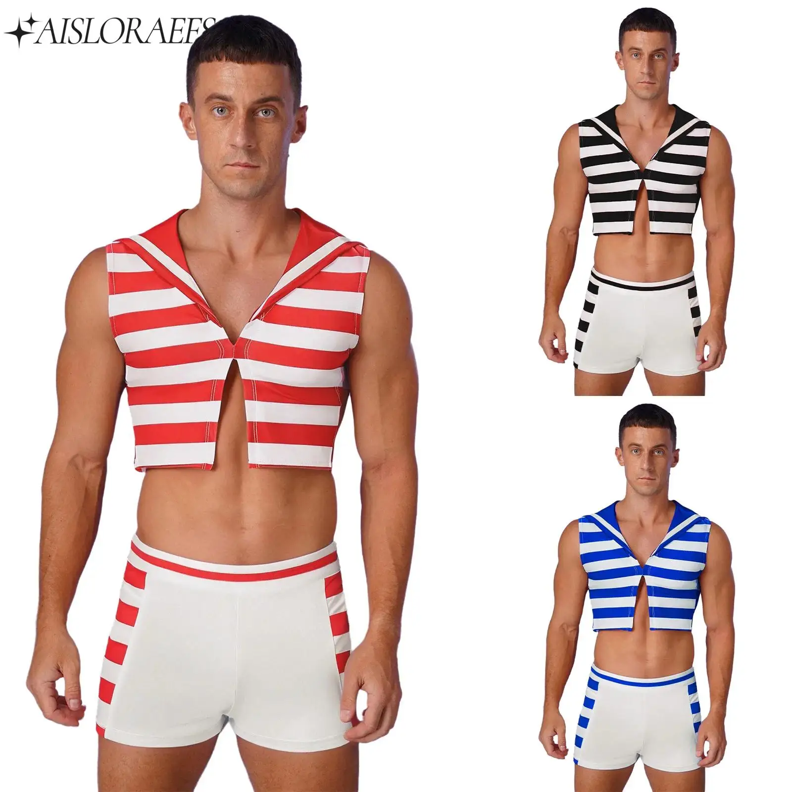 Mens Halloween Nautical Sailor Cosplay Striped Costume Outfits Sleeveless Crop Tank Top+Boxer Shorts for Masquerade Fancy Dress 
Mens Halloween Nautical Sailor Cosplay Striped Costume Outfits Sleeveless Crop Tank Top+Boxer Shorts for Masquerade Fancy Dress