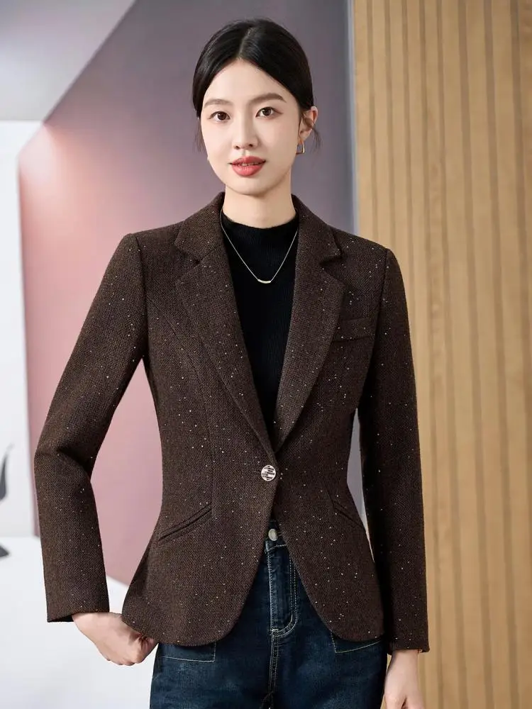 Корейский модный женский серый фиолетовый элегантный пиджак, осень-зима, винтажный коричневый офисный короткий пиджак на одной пуговице с длинным рукавом 
Корейский модный женский серый фиолетовый элегантный пиджак, осень-зима, винтажный коричневый офисный короткий пиджак на одной пуговице с длинным рукавом