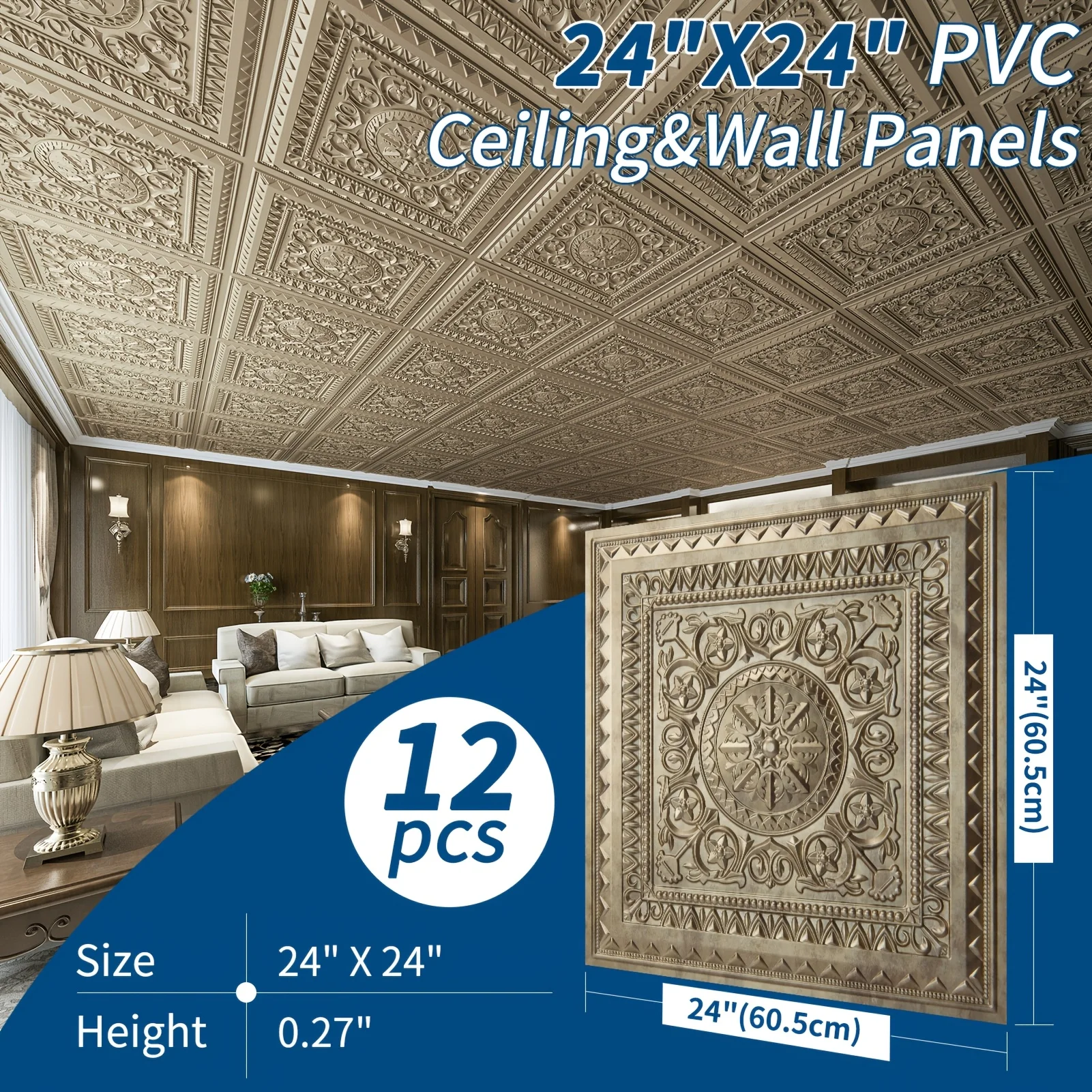 Vintage Golden Ceiling Tiles 24"x24", 12-Pack Decorative PVC Panels, Luxury Floral Design, Easy Install, Covers 48 Sq Ft
Vintage Golden Ceiling Tiles 24"x24", 12-Pack Decorative PVC Panels, Luxury Floral Design, Easy Install, Covers 48 Sq Ft