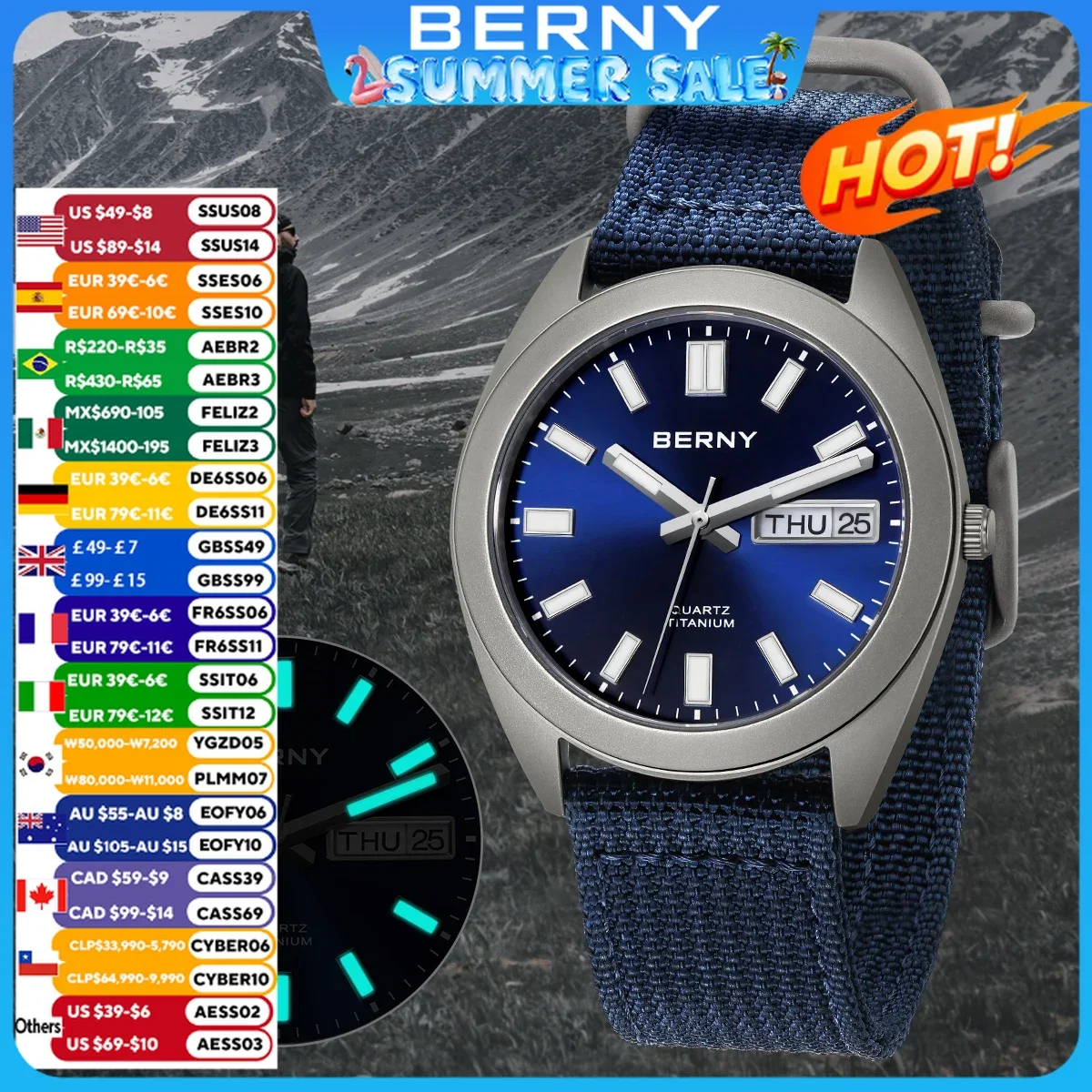 BERNY Titanium Men Watch Supper Luminous Sport Field Quartz Wristwatch Super Luminous Sapphire 100m Waterproof SNXS75 Watches
BERNY Titanium Men Watch Supper Luminous Sport Field Quartz Wristwatch Super Luminous Sapphire 100m Waterproof SNXS75 Watches