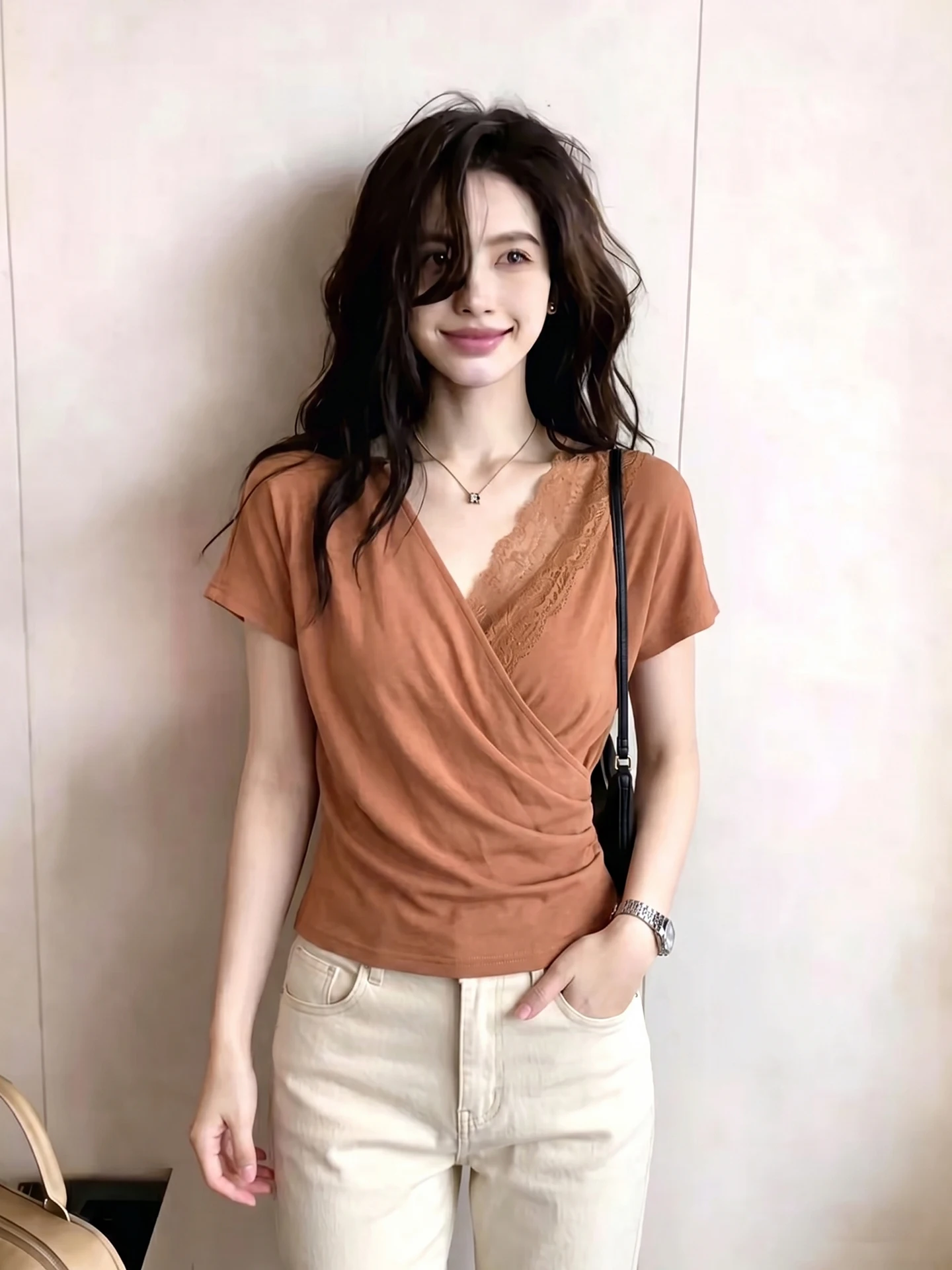 Fashionable Lace Trim V-Neck Short Sleeve Commute Top Elegant Basic Shirt Summer Trendy Women's Korean Style Slim Fit T-shirt
Fashionable Lace Trim V-Neck Short Sleeve Commute Top Elegant Basic Shirt Summer Trendy Women's Korean Style Slim Fit T-shirt