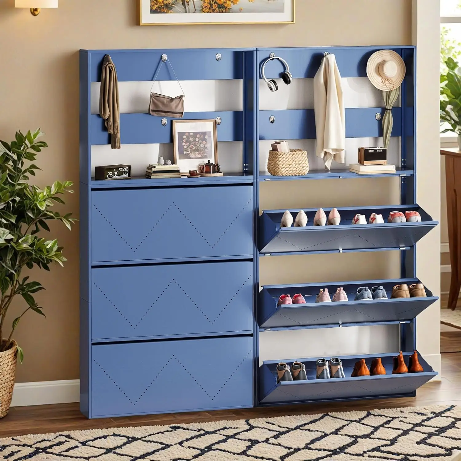 Metal Shoe Cabinet with Coat Rack Set of 2, Wall Mounted Shoe Cabinet with 3 Flip Drawers, Entrance Hidden Slim Shoe Org
Metal Shoe Cabinet with Coat Rack Set of 2, Wall Mounted Shoe Cabinet with 3 Flip Drawers, Entrance Hidden Slim Shoe Org