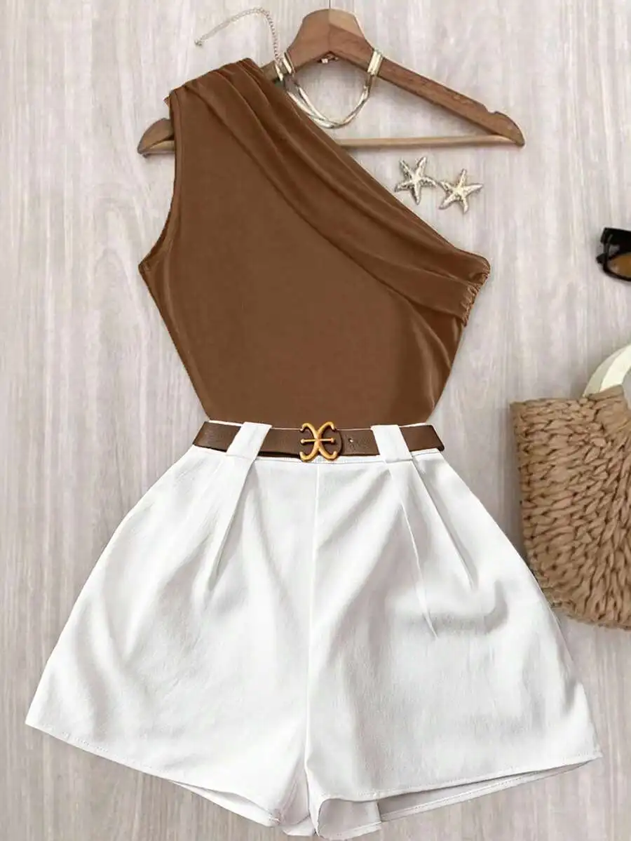One Shoulder Brown Top & White Pleated Shorts Set with Belt, Casual Chic Summer Outfit
One Shoulder Brown Top & White Pleated Shorts Set with Belt, Casual Chic Summer Outfit