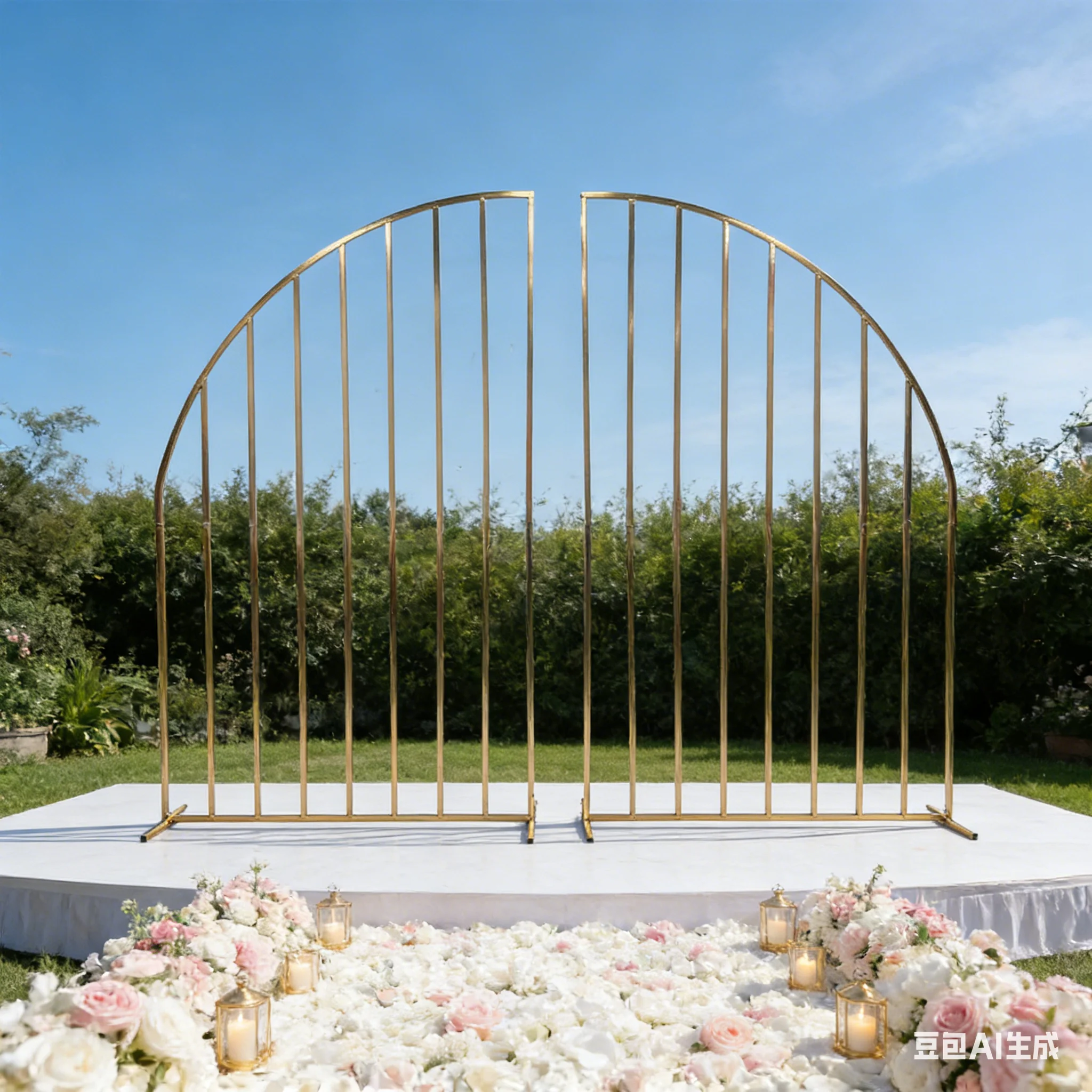 Fan-shaped metal arch backdrop, perfect for wedding parties, Valentine's Day, outdoor family photos with fake balloons.
Fan-shaped metal arch backdrop, perfect for wedding parties, Valentine's Day, outdoor family photos with fake balloons.