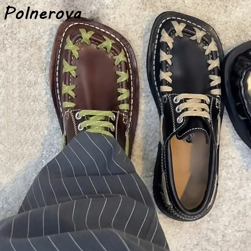 Patchwork Cross Tied Pumps Sewing Lace Up Square Toe Flat with Black Brown Shoes Women's Leather Fashion Spring Shoes 2025
Patchwork Cross Tied Pumps Sewing Lace Up Square Toe Flat with Black Brown Shoes Women's Leather Fashion Spring Shoes 2025