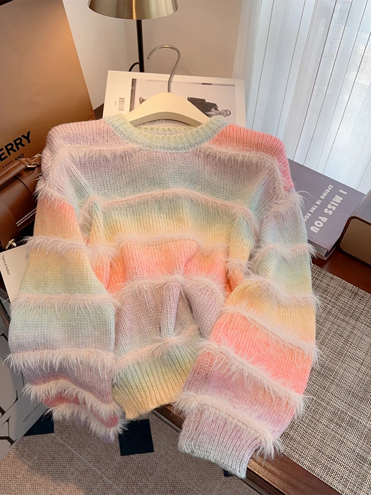 Women's Rainbow Pullover Mohair Sweater Harajuku Y2k Long Sleeve O-Neck Knitted Sweaters Vintage 2000s Cutecore Clothes Autumn
Women's Rainbow Pullover Mohair Sweater Harajuku Y2k Long Sleeve O-Neck Knitted Sweaters Vintage 2000s Cutecore Clothes Autumn