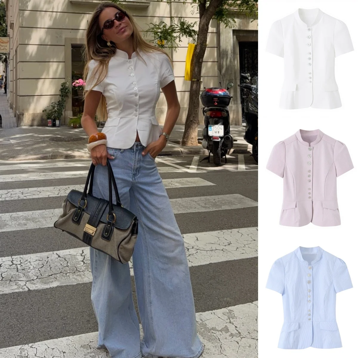 BSAY Women's Stand Collar Short Sleeve Blouse Single Breasted Slim Fit Peplum Hem Office Shirt Elegant Solid Color Workwear Top
BSAY Women's Stand Collar Short Sleeve Blouse Single Breasted Slim Fit Peplum Hem Office Shirt Elegant Solid Color Workwear Top