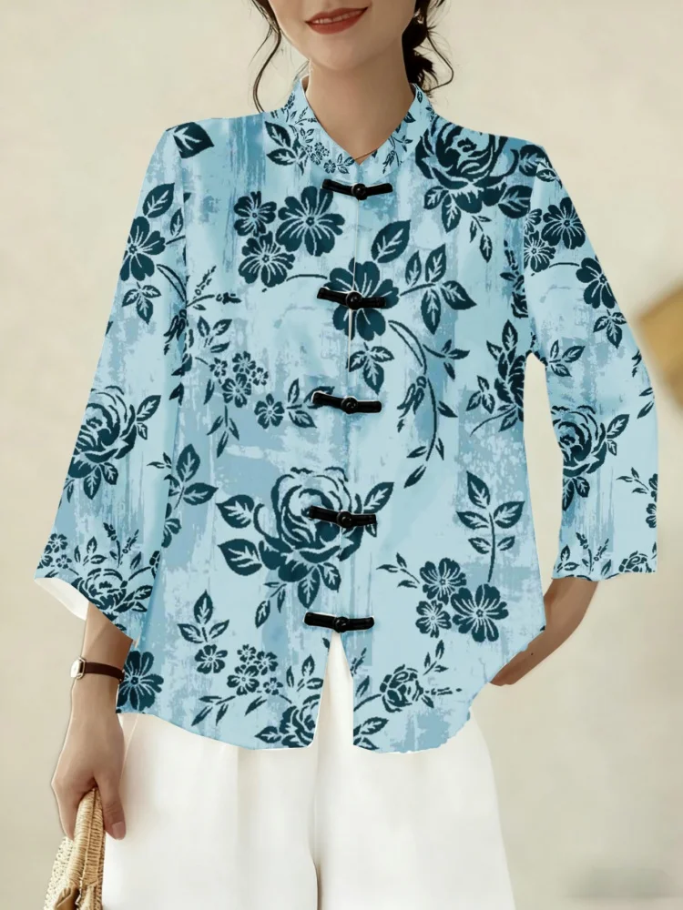 Women's Vintage Rose Floral Print Blouse Mandarin Collar Frog Button 3/4 Bell Sleeve Shirt Loose Fit Retro Traditional Wear 5XL
Women's Vintage Rose Floral Print Blouse Mandarin Collar Frog Button 3/4 Bell Sleeve Shirt Loose Fit Retro Traditional Wear 5XL