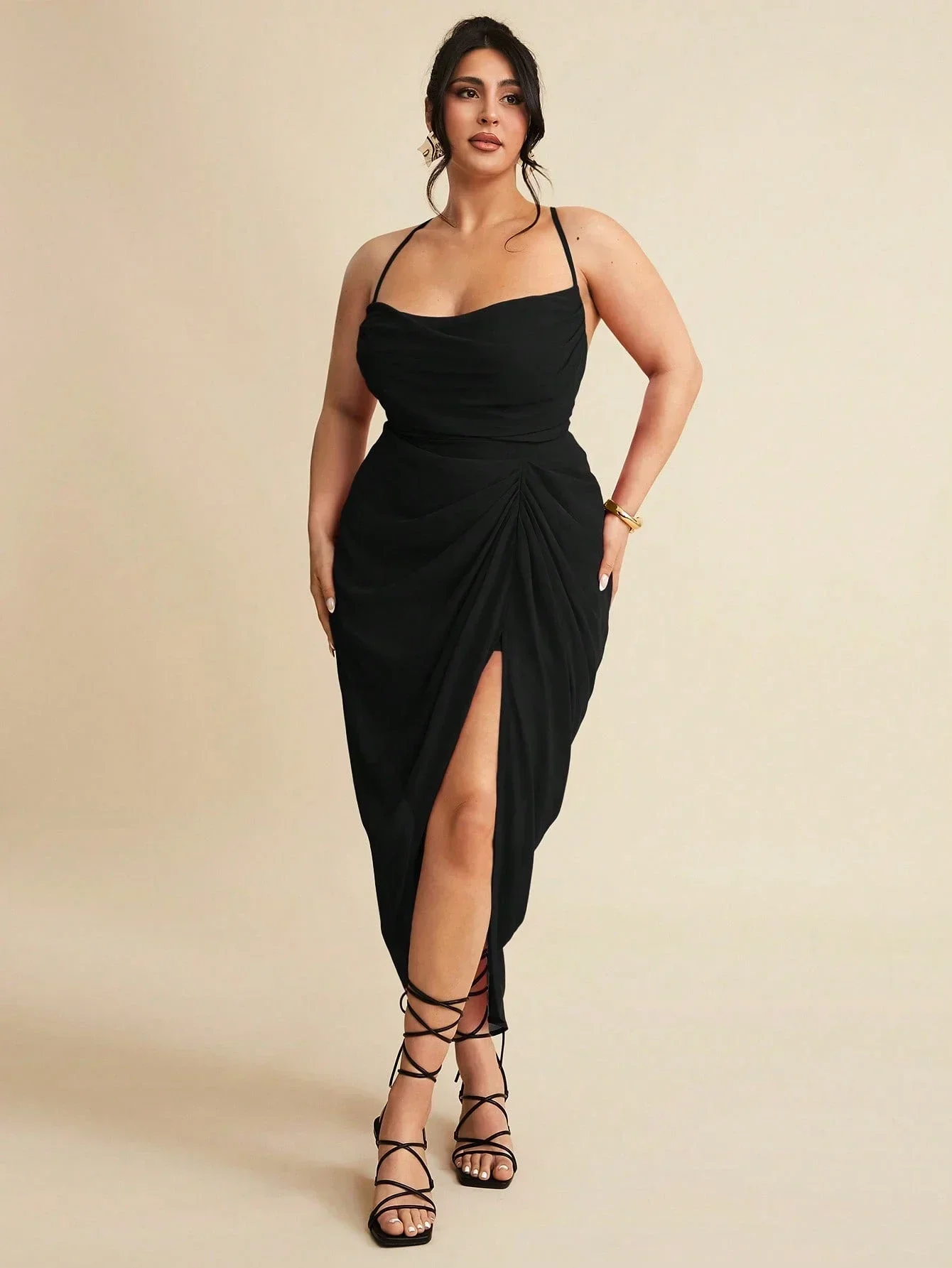 Plus Size Womens Wrap Midi Dress With High Thigh Slit, Spaghetti Straps And Draped Detail
Plus Size Womens Wrap Midi Dress With High Thigh Slit, Spaghetti Straps And Draped Detail