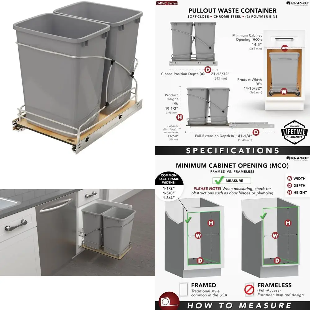 Double 35-Quart 8.75-Gallon Steel Waste Bin with Soft Close, Gray
Double 35-Quart 8.75-Gallon Steel Waste Bin with Soft Close, Gray