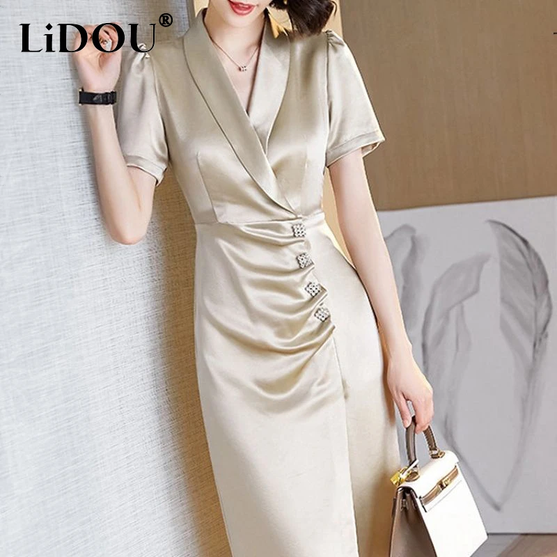 2023 Summer Dresses Women's Elegant Fashion Chic Folds Buttons Bodycon Dress Ladies Short Sleeve Slit Temperament Robe Vestidos
2023 Summer Dresses Women's Elegant Fashion Chic Folds Buttons Bodycon Dress Ladies Short Sleeve Slit Temperament Robe Vestidos