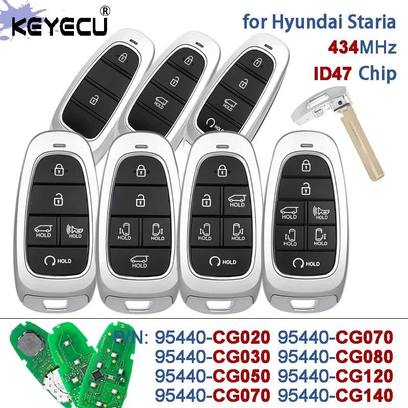 KEYECU 433 МГц ID47 чип 95440-CG020/CG030/CG040/CG050/ CG120 умный дистанционный брелок без ключа для Hyundai Staria 2021-2024
KEYECU 433 МГц ID47 чип 95440-CG020/CG030/CG040/CG050/ CG120 умный дистанционный брелок без ключа для Hyundai Staria 2021-2024