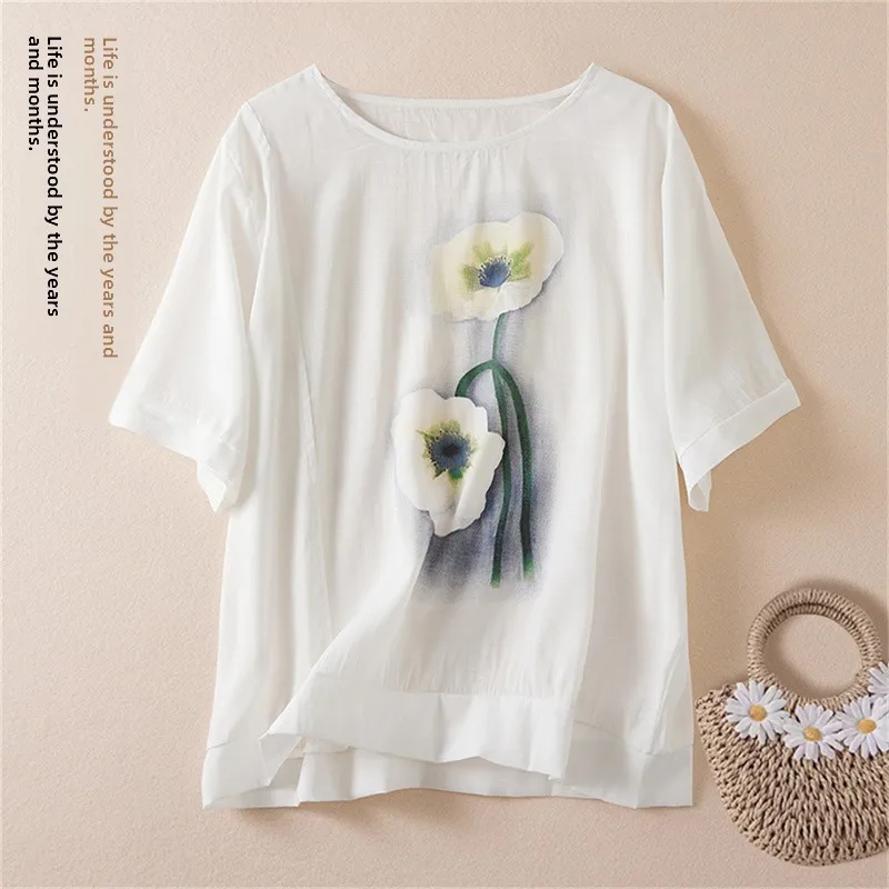 High-End plus Size Women's Cotton Linen round Neck T-Shirt Summer New Loose Base Shirt Versatile Commute Style Floral Pattern
High-End plus Size Women's Cotton Linen round Neck T-Shirt Summer New Loose Base Shirt Versatile Commute Style Floral Pattern