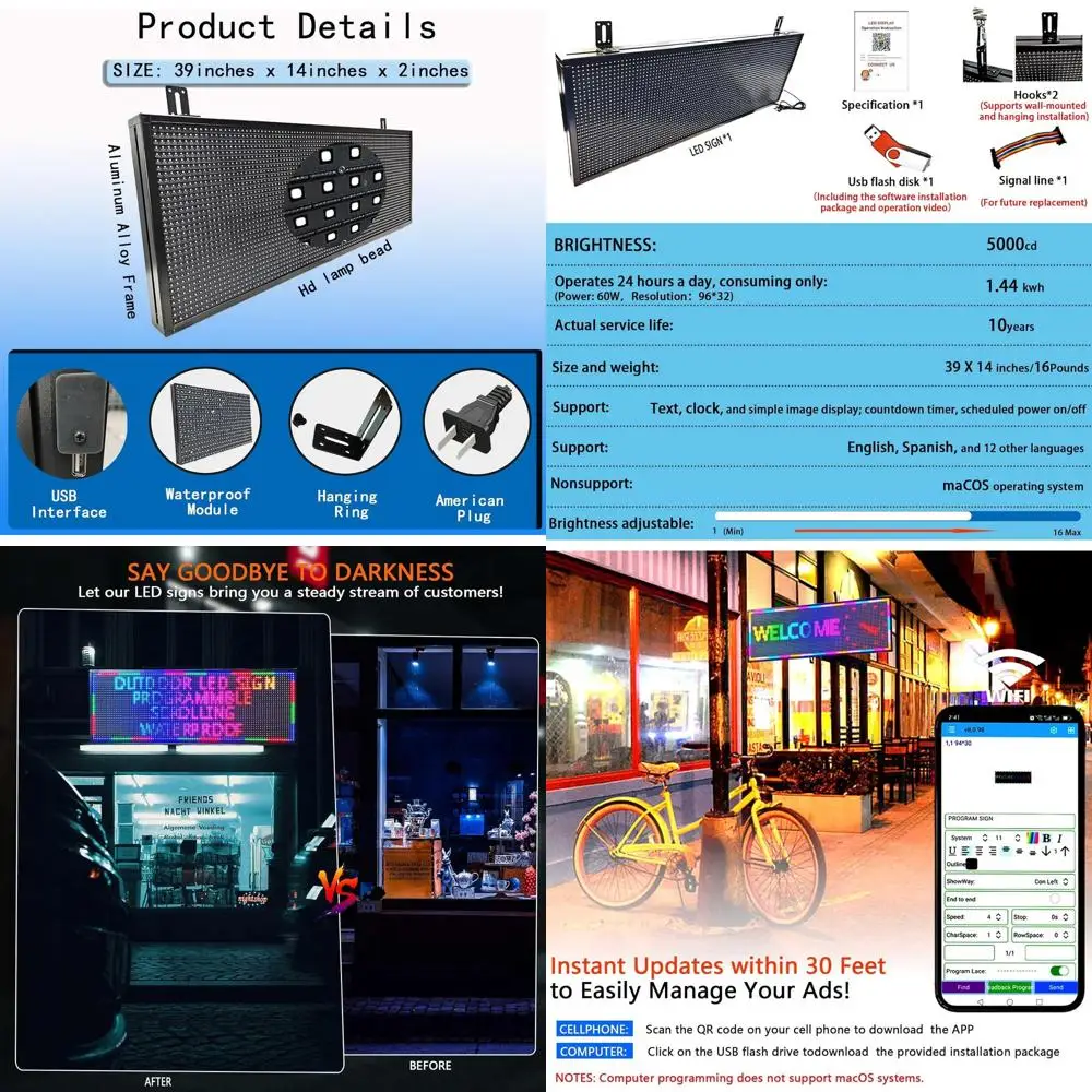 Programmable LED Scrolling Sign Board, Waterproof Display for Business, 39x14, Full Color, High Brightness, Suitable for Outdoor
Programmable LED Scrolling Sign Board, Waterproof Display for Business, 39x14, Full Color, High Brightness, Suitable for Outdoor