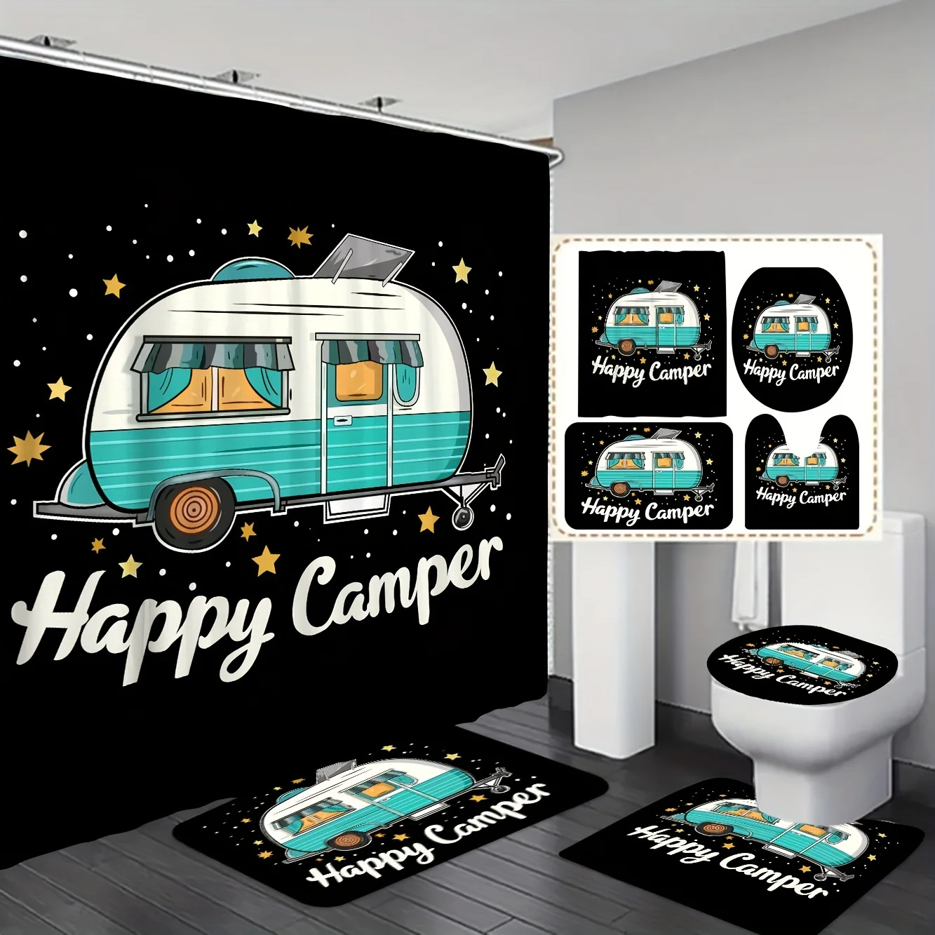 4pcs Blue RV Camping Bathroom Set – Includes Shower Curtain, Non-Slip Bath Mat, U-Shaped Toilet Rug & Lid Cover,Starry Sky Theme
4pcs Blue RV Camping Bathroom Set – Includes Shower Curtain, Non-Slip Bath Mat, U-Shaped Toilet Rug & Lid Cover,Starry Sky Theme