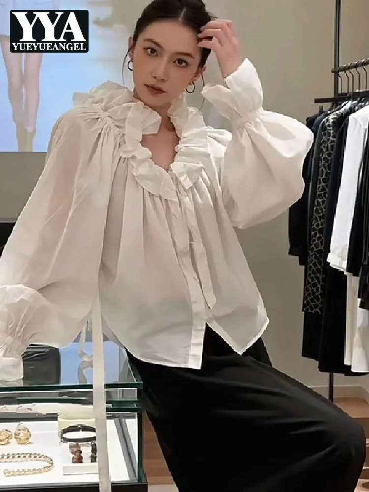 Ladies Spring New French Style Loose Flared Sleeve Shirts Sweet Beige White Ruffles V-neck Tops Shirt Hot Sale Chic Strap Coat
Ladies Spring New French Style Loose Flared Sleeve Shirts Sweet Beige White Ruffles V-neck Tops Shirt Hot Sale Chic Strap Coat