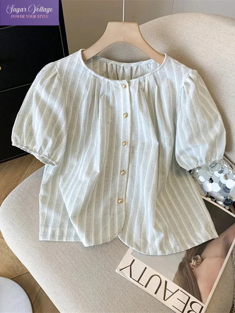 Pretty Striped Puff Sleeve Shirt Women Vintage Summer 2025 French Elegant O Neck Loose Short Blouse Sweet Casual Cotton Tops
Pretty Striped Puff Sleeve Shirt Women Vintage Summer 2025 French Elegant O Neck Loose Short Blouse Sweet Casual Cotton Tops