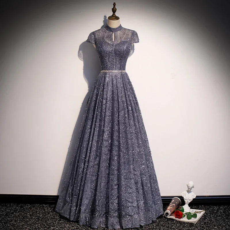 Evening Dress Navy Blue Bling High Neck Pearl Short Sleeves Lace up A-line Floor-length Plus size Women Formal Party Gowns R1346
Evening Dress Navy Blue Bling High Neck Pearl Short Sleeves Lace up A-line Floor-length Plus size Women Formal Party Gowns R1346