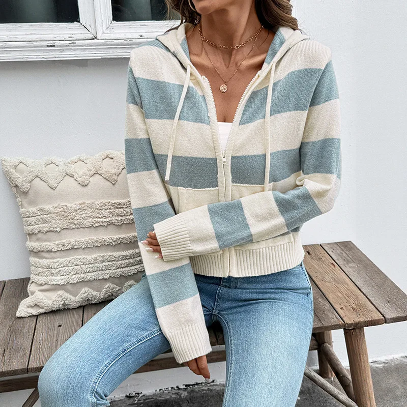 2025 New Women Clothing Hooded Knitted Jacket European and American Flanged Striped Contrasting Sweater Zipper Cardigan
2025 New Women Clothing Hooded Knitted Jacket European and American Flanged Striped Contrasting Sweater Zipper Cardigan