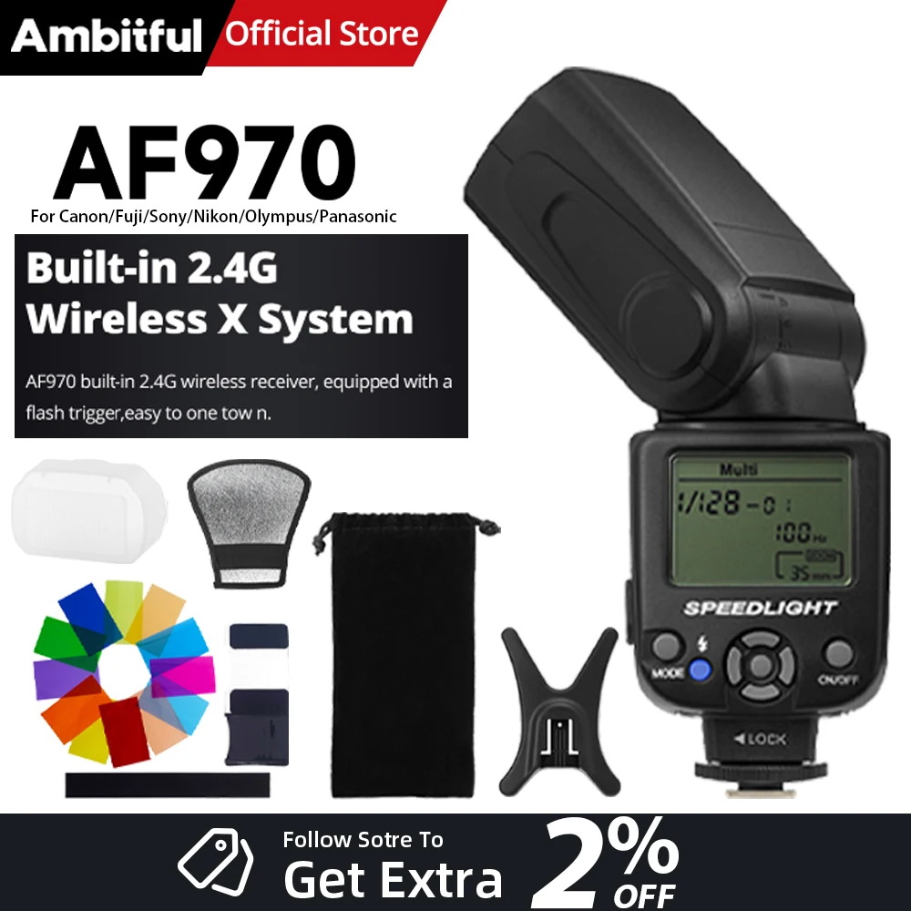 Вспышка для камеры AMBITFUL AF970 с вращающейся головкой, беспроводная система 2.4G X-System, универсальная для C/N/S/F/O/P
Вспышка для камеры AMBITFUL AF970 с вращающейся головкой, беспроводная система 2.4G X-System, универсальная для C/N/S/F/O/P