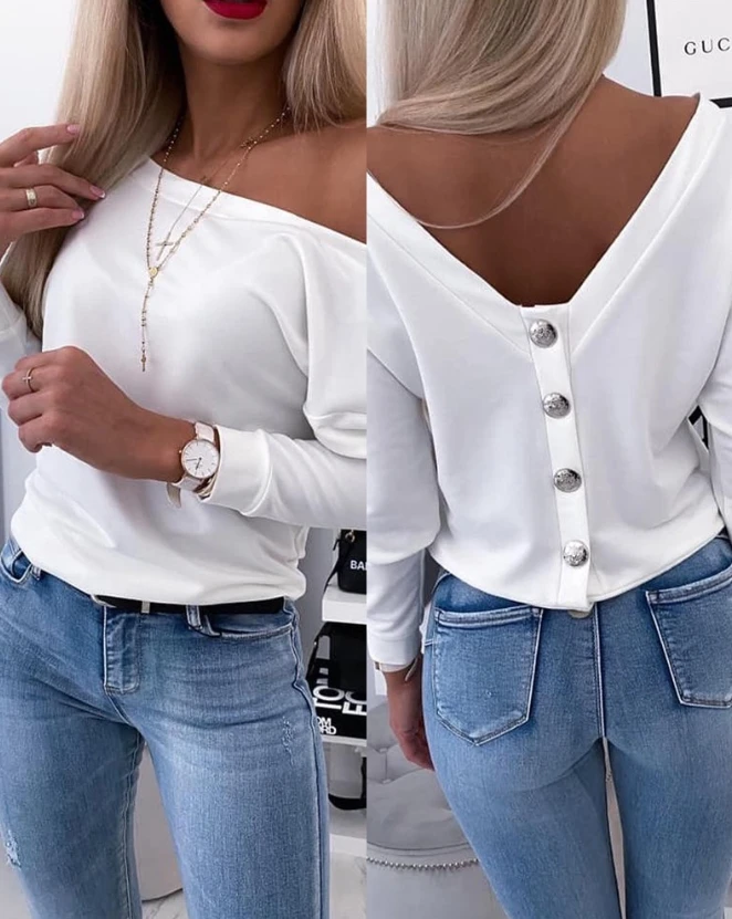 Female Clothing Casual Long Sleeve Backless Buttoned Top New Women's Round Neck Tee Plain Women Fashion T-Shirt
Female Clothing Casual Long Sleeve Backless Buttoned Top New Women's Round Neck Tee Plain Women Fashion T-Shirt