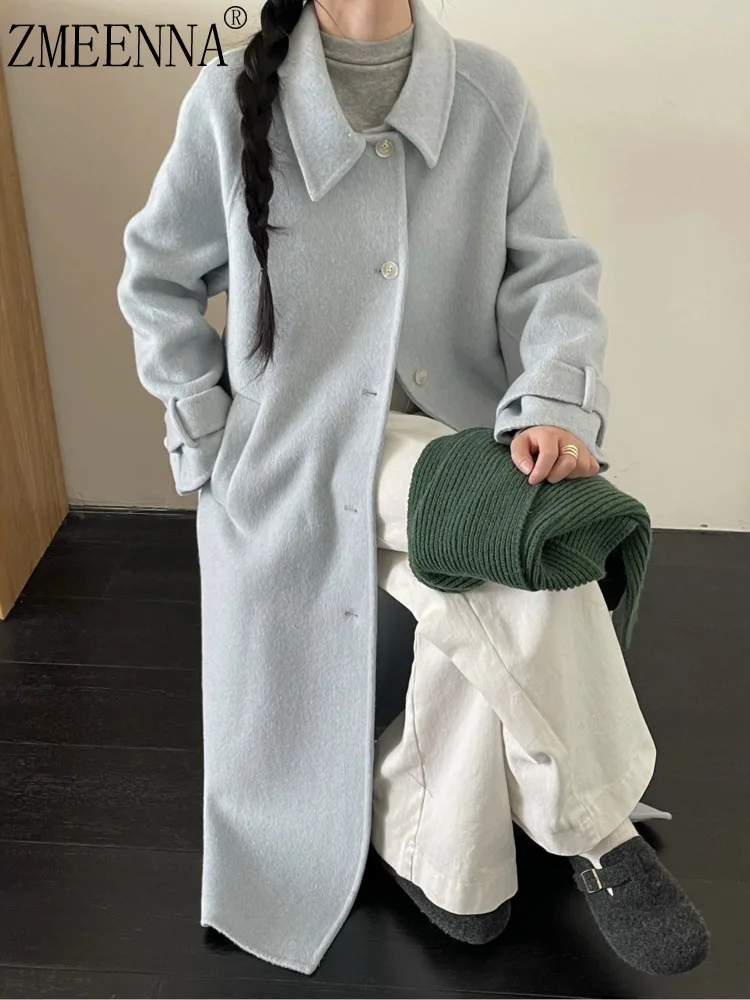 ZMEENNA Women's Light Blue Wool Blend Single Breasted Long Coat With Notched Collar Warm Winter Outerwear Casual ZM3544
ZMEENNA Women's Light Blue Wool Blend Single Breasted Long Coat With Notched Collar Warm Winter Outerwear Casual ZM3544