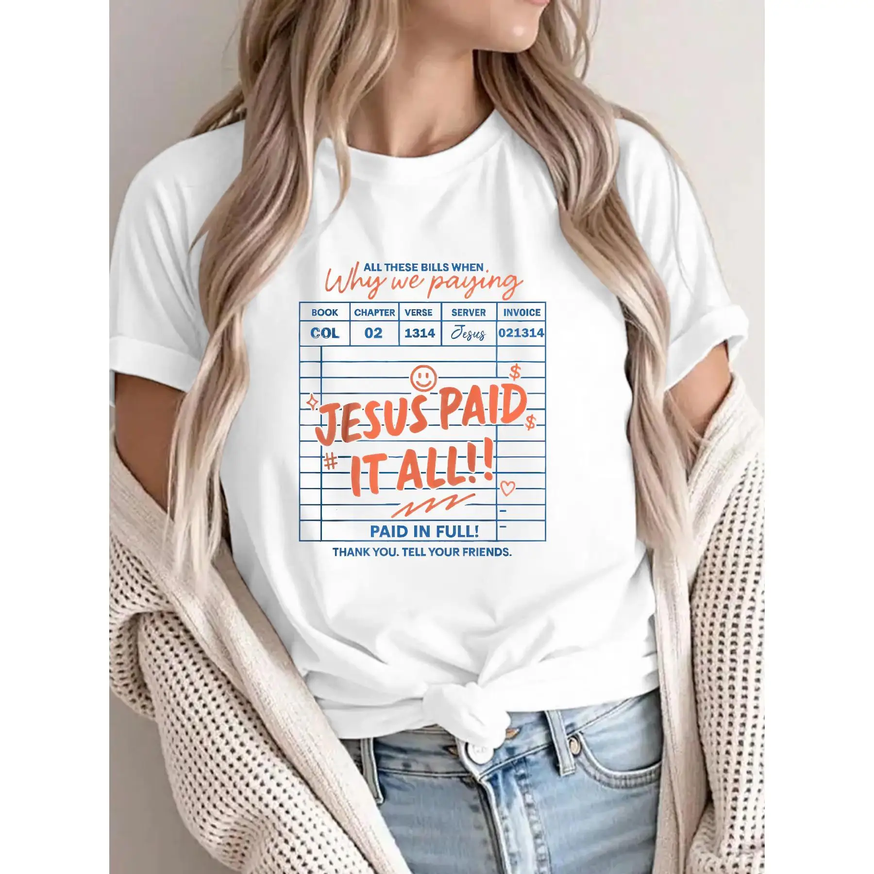 Funny Christian T-Shirt, Jesus Paid It All Print, Religious Humorous Quote Tee, Cute Receipt Slogan Top, Faith Based Gift
Funny Christian T-Shirt, Jesus Paid It All Print, Religious Humorous Quote Tee, Cute Receipt Slogan Top, Faith Based Gift