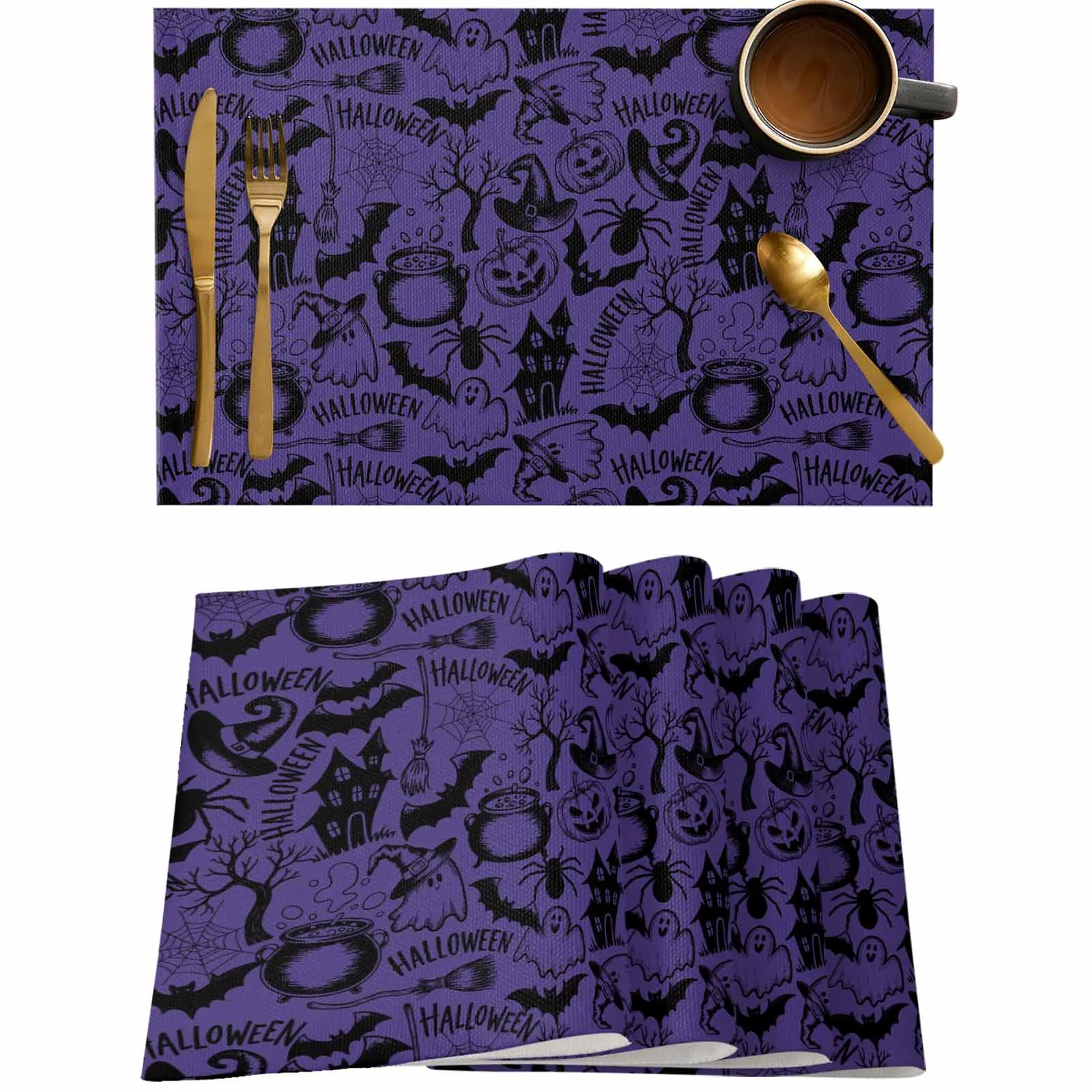 4/6 шт. фиолетовый коврик для столовых приборов с мотивом на Хэллоуин, свадебная вечеринка, обеденный декор, льняной коврик для стола, кухонные аксессуары
4/6 шт. фиолетовый коврик для столовых приборов с мотивом на Хэллоуин, свадебная вечеринка, обеденный декор, льняной коврик для стола, кухонные аксессуары