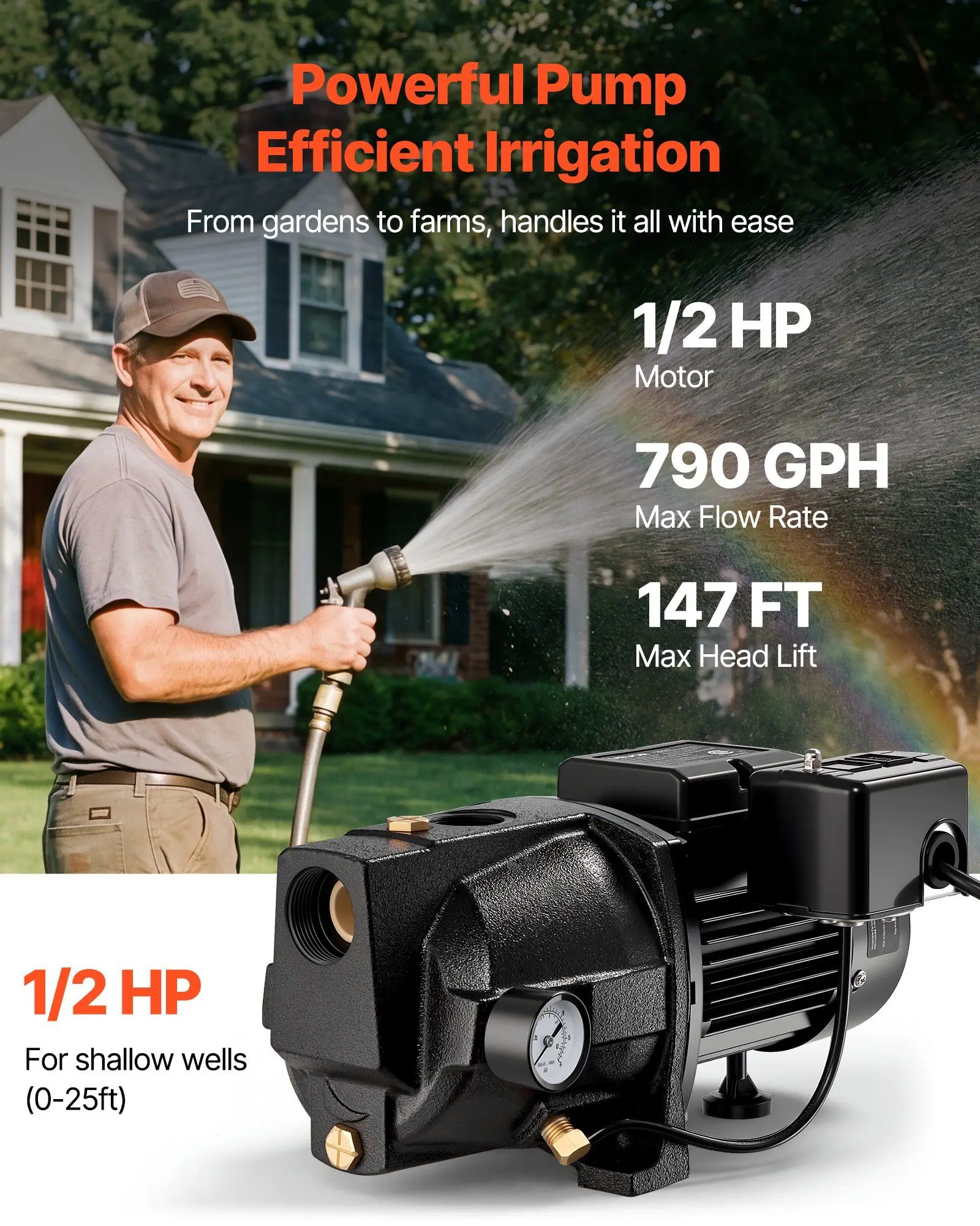 1/2 HP Shallow Well Jet Pump, AC 115/230 Volt, 790 GPH Dual Voltage Cast Iron Well Jet Pump, with 147 ft Max Head Lift,
1/2 HP Shallow Well Jet Pump, AC 115/230 Volt, 790 GPH Dual Voltage Cast Iron Well Jet Pump, with 147 ft Max Head Lift,
