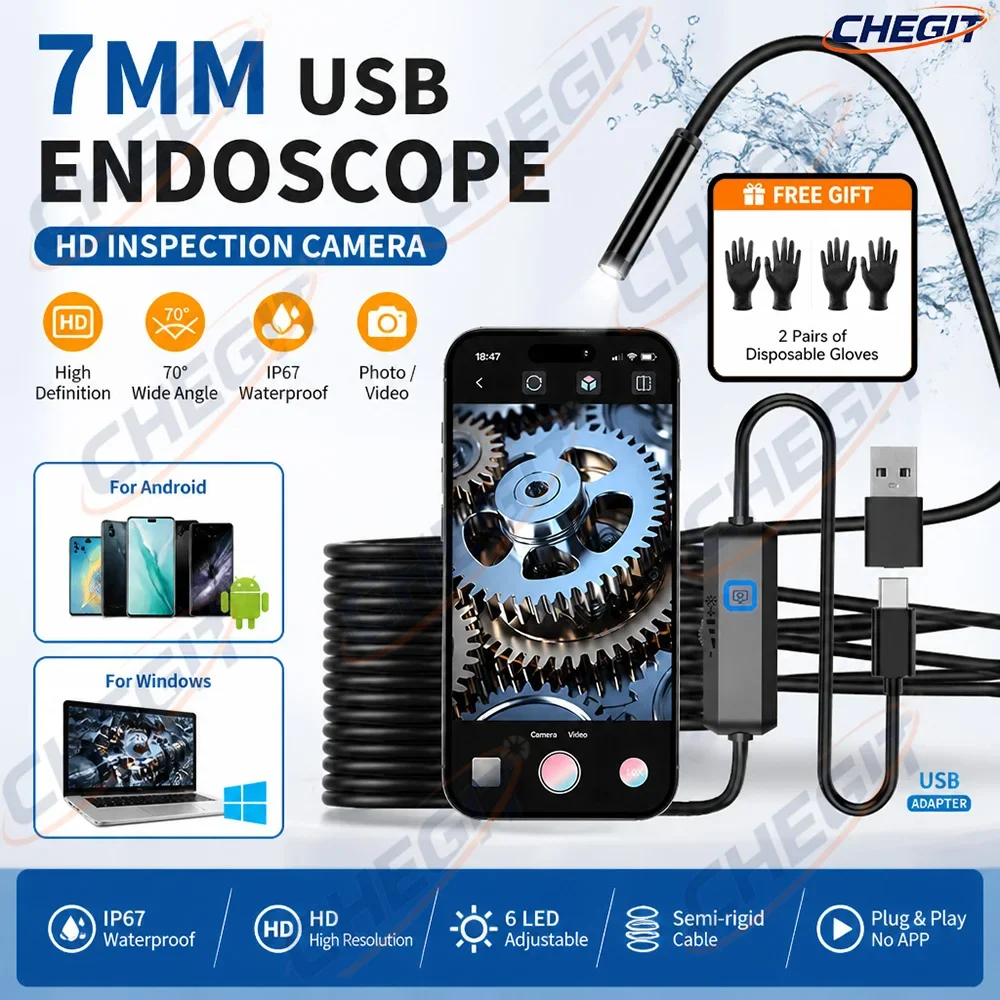 USB Android Endoscope Camera 7MM TYPE-C IP67 Waterproof 6 LED Adjustable Borescope Mini Camera for Pipeline Inspection With Gift
USB Android Endoscope Camera 7MM TYPE-C IP67 Waterproof 6 LED Adjustable Borescope Mini Camera for Pipeline Inspection With Gift