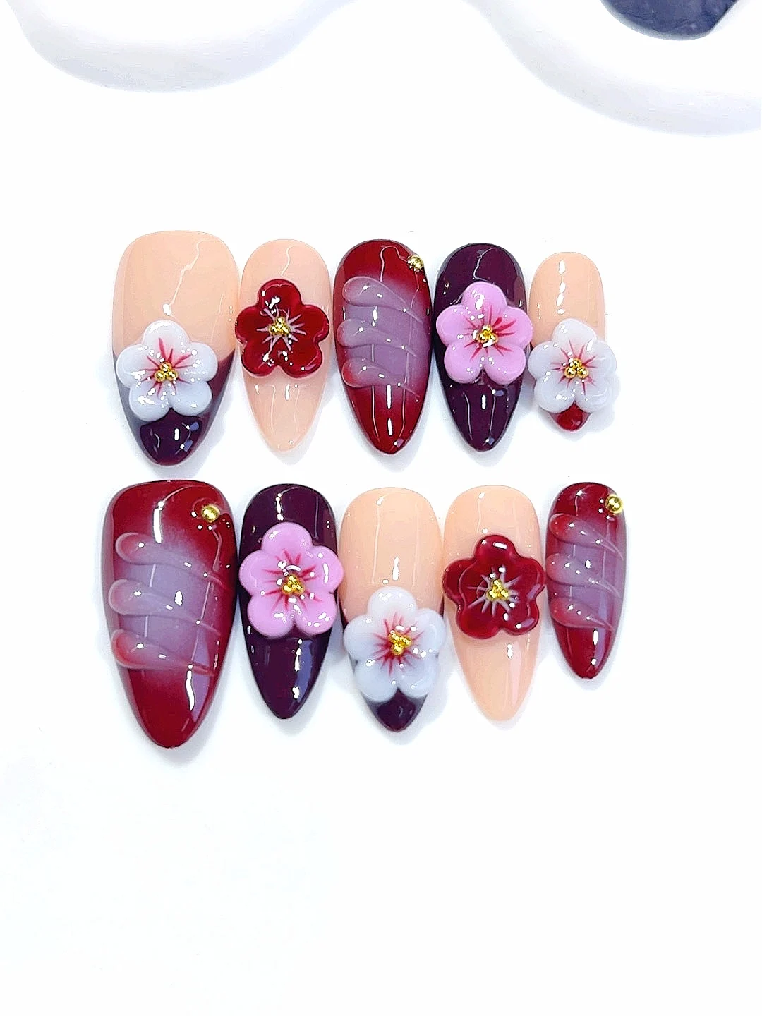 Blush & Burgundy 3D Cherry Blossom Press on Nails - Floral Rhinestone Accent Stiletto False Nails Handmade for Women(D597)
Blush & Burgundy 3D Cherry Blossom Press on Nails - Floral Rhinestone Accent Stiletto False Nails Handmade for Women(D597)