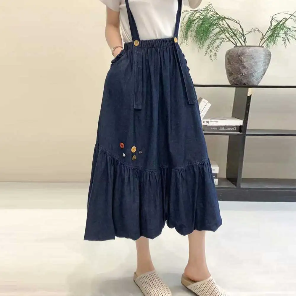 Women Spring Summer Mori Girl Embroidery Denim Strap Dress Elastic Waist Casual Loose A-Line Ruffles Denim Skirts
Women Spring Summer Mori Girl Embroidery Denim Strap Dress Elastic Waist Casual Loose A-Line Ruffles Denim Skirts