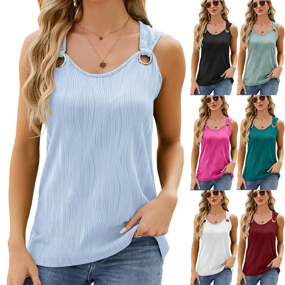Metal ring loose top for women 2024 Summer new solid color round neck sleeveless vest sleeveless T-shirt for women
Metal ring loose top for women 2024 Summer new solid color round neck sleeveless vest sleeveless T-shirt for women