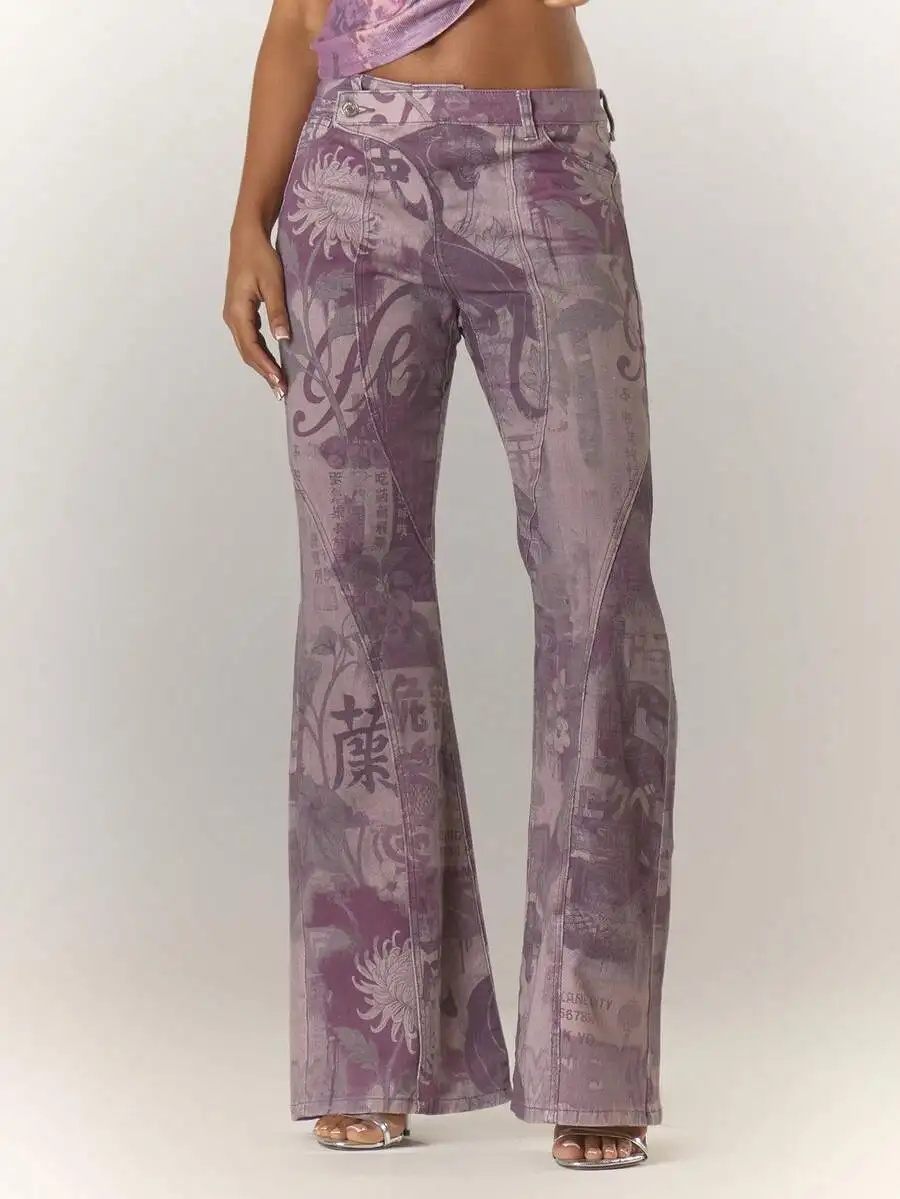 Low Rise Asymmetric Waist Flare Jeans With Floral Print Purple Denim For Women
Low Rise Asymmetric Waist Flare Jeans With Floral Print Purple Denim For Women