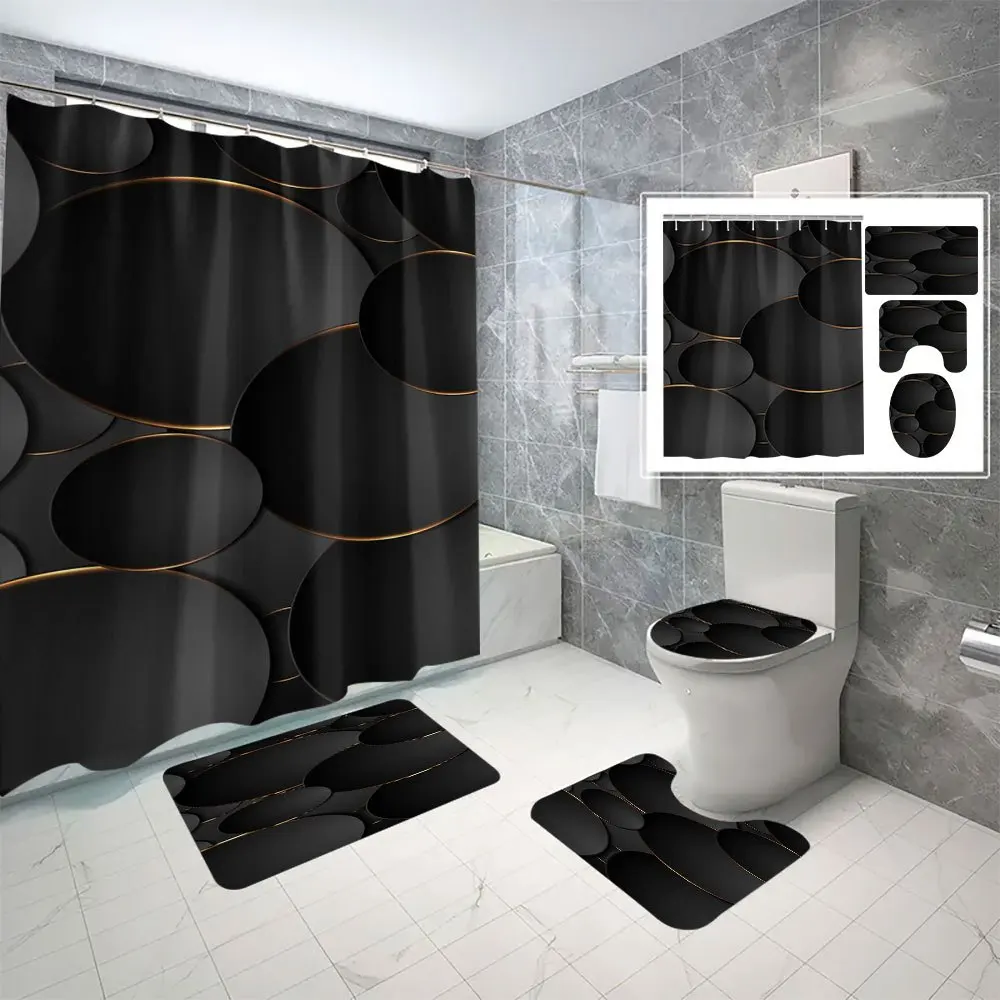 4-Piece Set Black and Gold Circular Pattern Bathroom Rug Shower Curtain Digital Printing Polyester Bath Mat for Bathroom
4-Piece Set Black and Gold Circular Pattern Bathroom Rug Shower Curtain Digital Printing Polyester Bath Mat for Bathroom