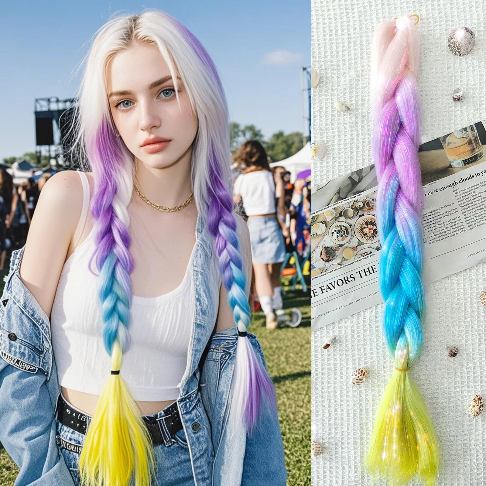 Synthetic Tinsel Braiding Hair 4 Tones Ombre Color White Purple Blue Yellow Jumbo Braids Mixed tinsels For Festival Party
Synthetic Tinsel Braiding Hair 4 Tones Ombre Color White Purple Blue Yellow Jumbo Braids Mixed tinsels For Festival Party