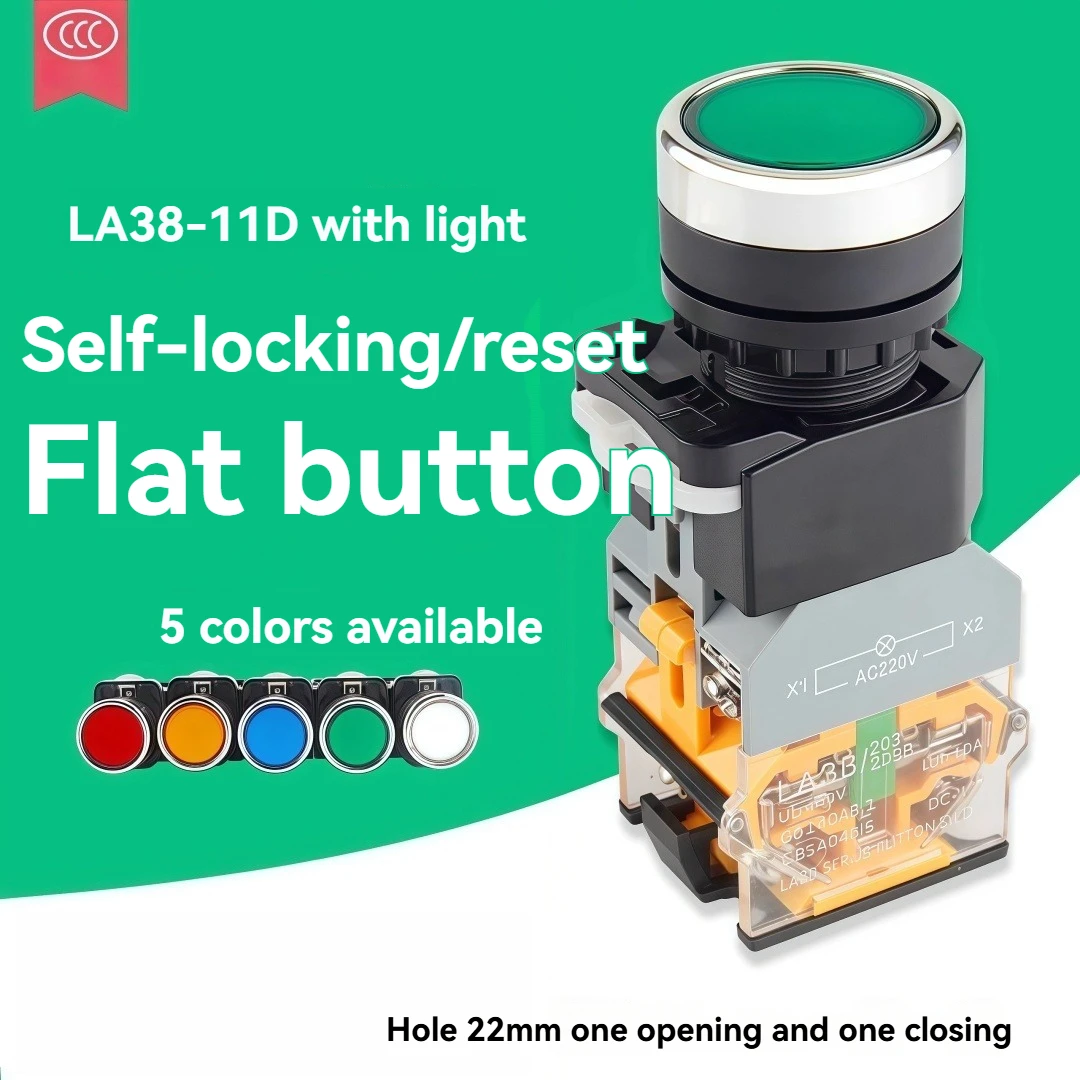 Кнопочный переключатель питания LA38, 22 мм, мгновенный 1НО/1НЗ с подсветкой, светодиодный индикатор 220 В, для электрической промышленной панели
Кнопочный переключатель питания LA38, 22 мм, мгновенный 1НО/1НЗ с подсветкой, светодиодный индикатор 220 В, для электрической промышленной панели